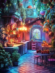 Fototapeta premium A vibrant culinary fantasy world, featuring a grand, surreal kitchen with oversized fruits and vegetables, illuminated by ethereal, colorful lighting, photorealistic style
