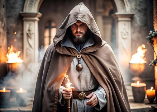 Halloween Concept | Man in Hood. Dark figure. Halloween concept poster. A sorcerer in clothes with a skull and a book in his hands reads a spell. Medieval monk reads a prayer.