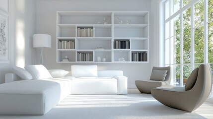 Modern living room with white couch, two armchairs, and bookshelf, large windows with view of green trees.