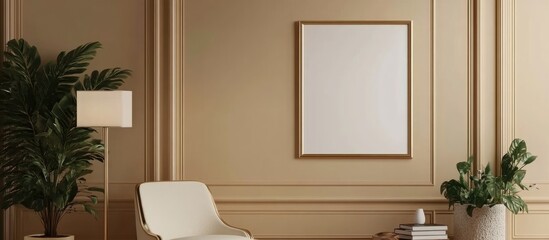 Modern interior design featuring plants frames books and a lamp in a stylish room 3D illustration