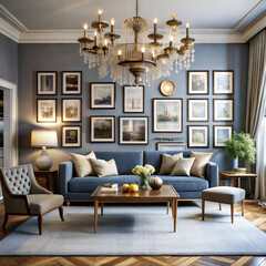 A living room with a gallery wall and a statement
