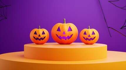 large pumpkins next to an empty orange platform against a smooth purple background, perfect for fall-themed displays.