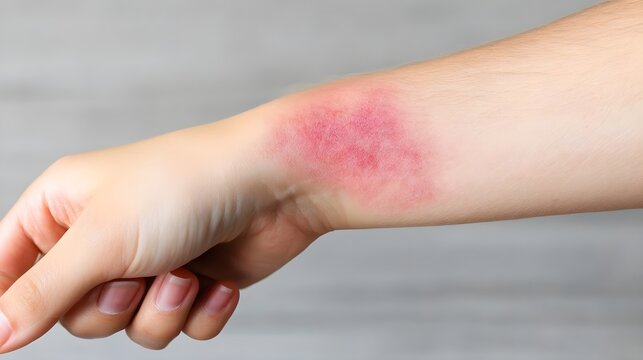 Close-up of a hand showing a bruise on the wrist, highlighting signs of injury and skin irritation or trauma.