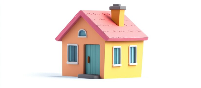 Illustration of a small colorful 2D house with a white background featuring two windows and a door suitable for representing a home office or apartment