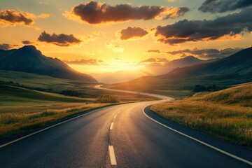 Asphalt highway road and mountain with sky clouds at sunset , ai