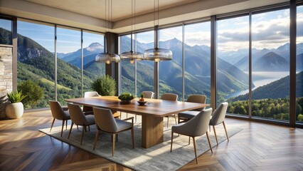 Modern dining room with large windows showcasing breathtaking mountain view, modern, dining room