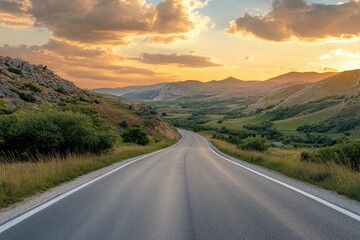 Asphalt highway road and mountain with sky clouds at sunset, ai