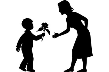 Son giving flower to mother silhouette vector on white background