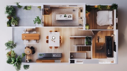 Top view of modern apartment with wooden floors, furniture, and plants.