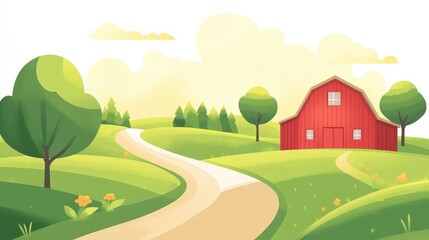 Fototapeta premium Vibrant Cartoon Farm Illustration with Red Barn, Green Trees, and Sunny Sky on White Background