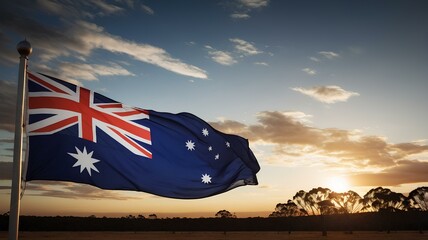 Australia flag waving under clear sky at dusk