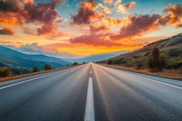 Fototapeta premium Asphalt highway road and mountain with sky clouds at sunset, ai
