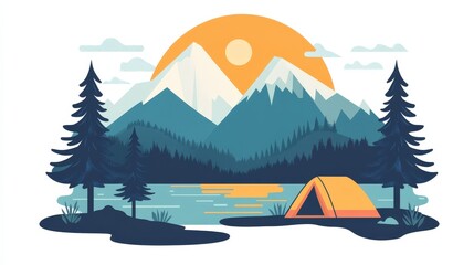Fototapeta premium Serene Mountain Camping Scene in Minimal Flat Design