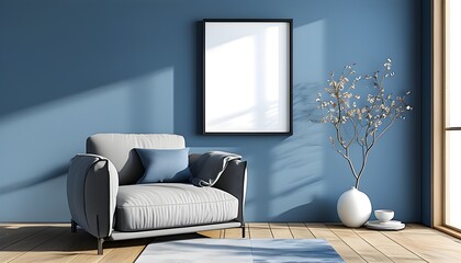 Cozy Minimalist Living Room Featuring Grey Armchair and Empty Art Wall Frame on Tranquil Blue Background