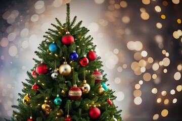 Obraz premium Charming Christmas Evergreen Tree with Colorful Ornaments and Gleaming Lights Against an Ethereal Bokeh Background