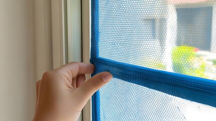 Hand holding a blue mesh window screen, effectively filtering sunlight while providing ventilation for a fresh indoor atmosphere.