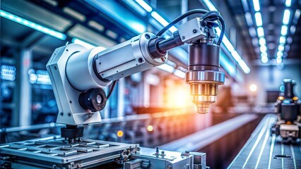 Close-up of a robotic arm inspecting electronics with a high-precision camera, glowing indicators showing real-time data, [quality control], [automated testing] 