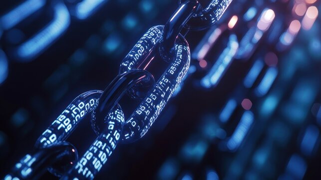 Close-up of a metallic chain with binary code glowing on the links, against a blurred background.