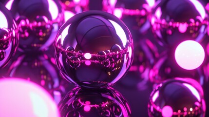 Closeup of a shiny purple sphere surrounded by other spheres, reflecting light and creating a dynamic and abstract image.