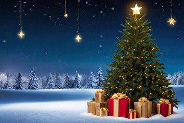 Enchanted Fir Tree with Wrapped Boxes Under Flickering Stars on a Snowy Night