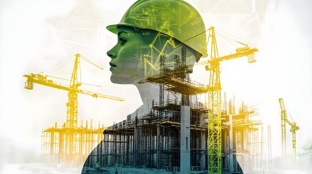 Silhouette of a female engineer wearing a hard hat, double exposed with a construction site in the background.