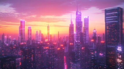 Obraz premium A futuristic city skyline with skyscrapers illuminated by neon lights at sunset.