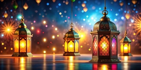 Obraz premium Vibrant Eid ul adha festival lanterns illuminating the background, Islamic, Muslim, Celebration, Tradition, Festive
