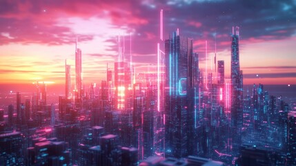 Fototapeta premium Futuristic city skyline with glowing neon lights at sunset.
