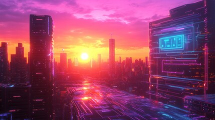 Fototapeta premium Futuristic cityscape with neon lights at sunset.