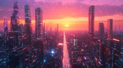 Fototapeta premium Futuristic cityscape with neon lights and a pink sunset.
