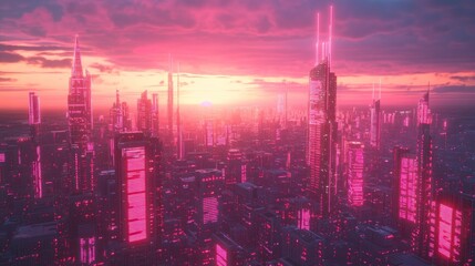Fototapeta premium Futuristic cityscape with neon lights at sunset.