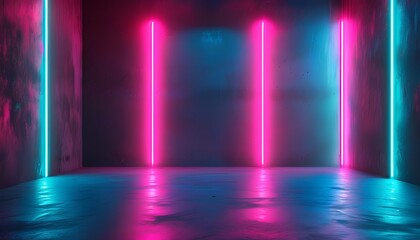 Neon-lit empty room with vibrant pink, blue, and green glow, perfect for background or mock-up ideas in a dark ambiance created by Generative AI