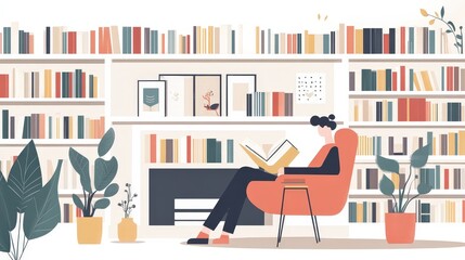 Cozy Reading Nook with Person Lost in Book - Minimalist Flat Design Library Scene on White Background