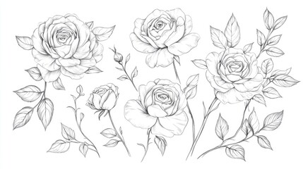 Line Art of Rose Flowers Floral Bouquets and Frames Hand Drawn Fine Line Illustrations of Roses Leaves and Botanical Elements Coloring Page Featuring Isolated Peony Roses
