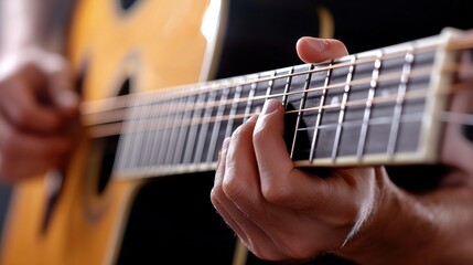 Obraz premium A person playing a guitar with their fingers on the strings, AI