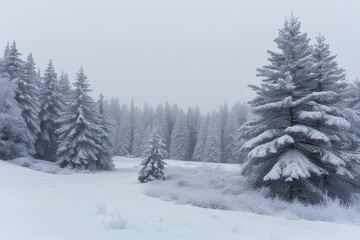 Fototapeta premium Frosty Winter Scenery with Snow-Covered Pine Trees and Ample Blank Space