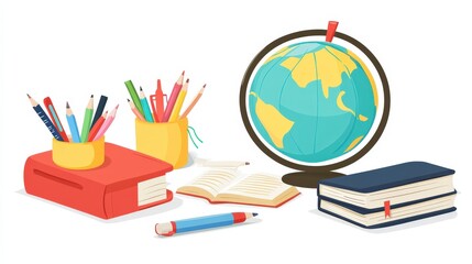 Naklejka premium Global Education Concept: Colorful Vector Globe with Books and Supplies for Classroom Learning