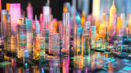 Obraz premium Colorful abstract city skyline with glass buildings and reflections.