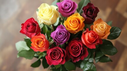 Fototapeta premium A beautifully arranged bouquet of roses of different colors, symbolizing love, joy, and friendship