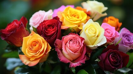 Obraz premium A beautifully arranged bouquet of roses of different colors, symbolizing love, joy, and friendship