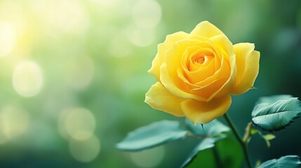 A close-up of a bright yellow rose, symbolizing friendship, with soft-focus greenery in the background