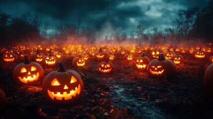 Fototapeta premium A spooky Halloween scene filled with glowing jack-o'-lanterns.