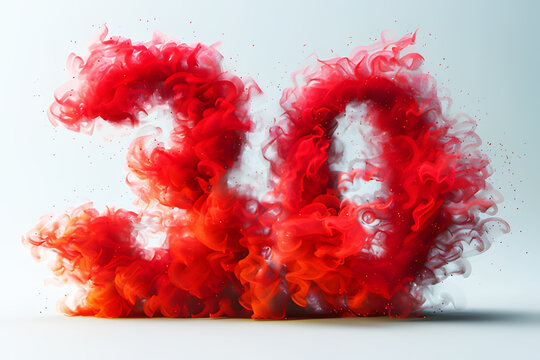 Character Number 30 thirty percent with particles on abstract texture background. Number from red dust or smoke on white background. Realistic for advertising design clipart template pattern.
