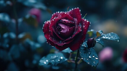 A close-up of raindrops on a dark red rose in a garden, with water droplets reflecting the surrounding landscape