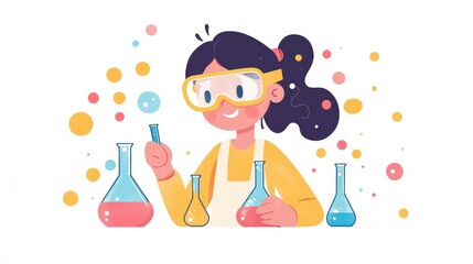 Young Girl Conducting Science Experiment - Minimalist Vector Illustration in Flat Style