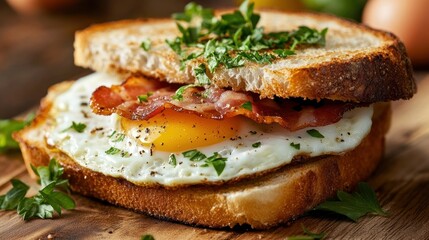 Close-up of a fried egg, bacon, and toasted bread sandwich with parsley garnish.