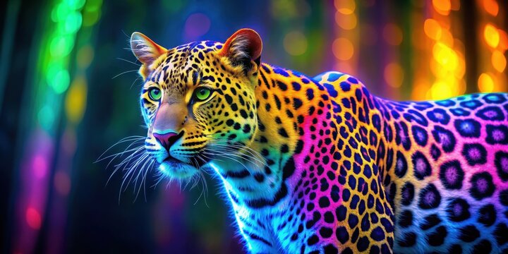 Vibrant neon colored leopard standing out in the wild, neon, colored, leopard, vibrant, wild, animal, tropical, pattern