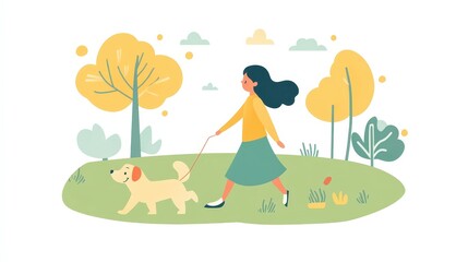 Fototapeta premium Serene Stroll: Minimalistic Vector of Girl and Dog Enjoying Park on Sunny Day