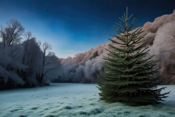 Festive Fir in a Tranquil Frost-Laden Glen Under a Starry Sky