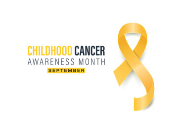 Childhood Cancer Awareness Month Banner, September. Card or Placard with Realistic 3D Vector Gold Yellow Ribbon on White Background. Childhood Cancer Awareness Symbol. World Childhood Cancer Day